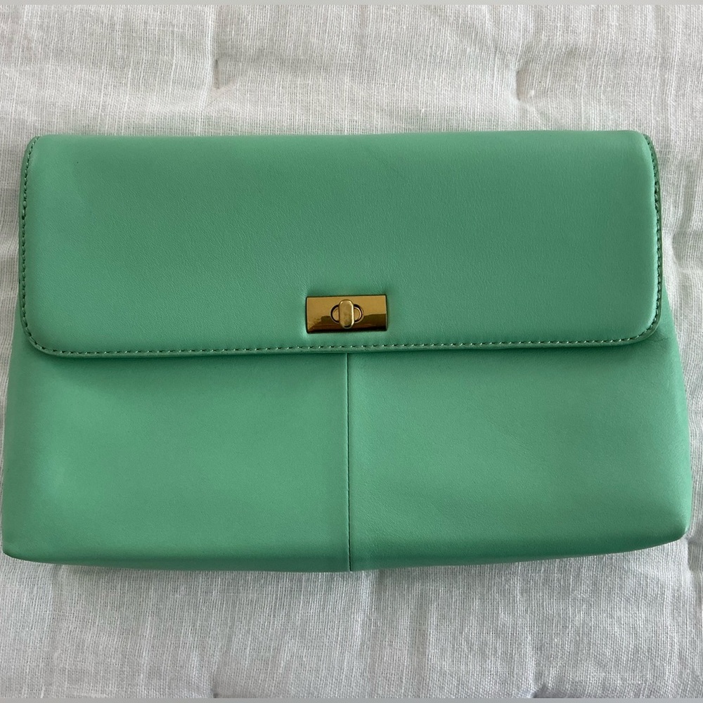 NWT J. Crew Mint Green Leather clutch with gold hardware